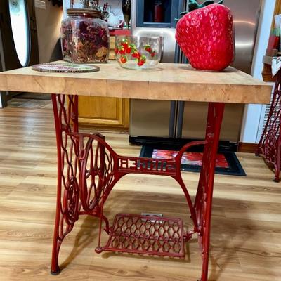 Butcher block top on a singer sewing machine base