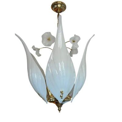 Murano Glass Chandelier In The Style Of Franco Luce, White & Polished Brass