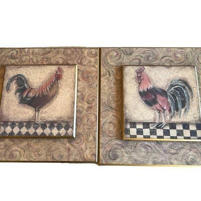 Pair Of Kate Miller-Rostie Folk Art Rooster Print Panels