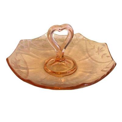 Pink Art Glass Candy Dish With Heart-Shaped Central Handle