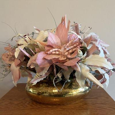 Hammered Brass Centerpiece With Pink Lily Floral Spray