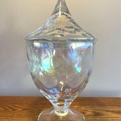 Iridescent Handmade Footed Glass Bowl With Lid