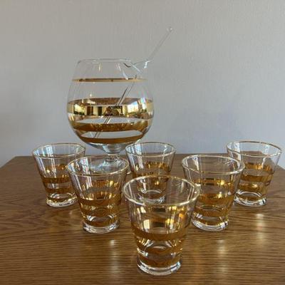 Midcentury Modern Handmade Glass Bar Set With Gilt Stripes