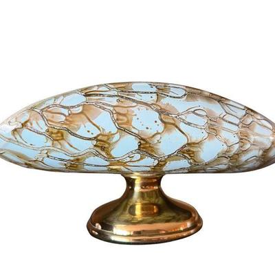 Midcentury Delft Holland Gold Marbled Pedestal Dish
