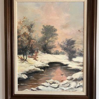 Norma McDaniel (American, 1921-2008) Oil On Canvas Vintage Snow Scene Landscape Painting By Connecticut Artist