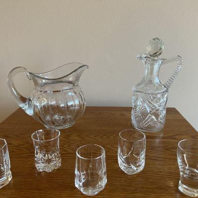 Two Heavy Glass Decanters & Set Of Five Shot Glasses