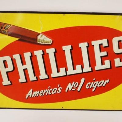 1043	ANTIQUE TIN PHILLIES CIGAR STORE SIGN BY DONALDSON ART SIGN CO, APPROXIMATELY 13 IN X 20 1/4 IN
