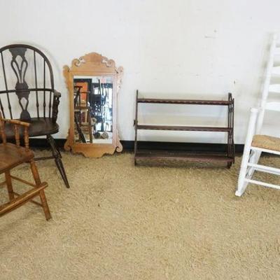 1266	GROUP OF ASSORTED CHAIRS AND WALL SHELF, CHIPPENDALE STYLE MIRROR AND PORCH ROCKER
