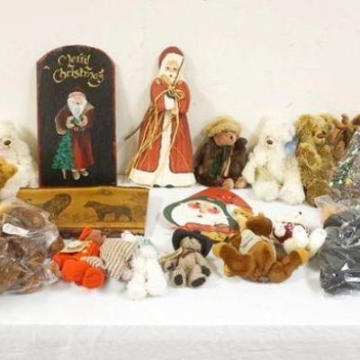 1143	LARGE LOT OF BEARS & HOLIDAY INCLUDING BOYD'S MOHAIR BEARS, TIMELESS EXPRESSIONS, HAND PAINTED SANTAS ON BOARD & SLATE
