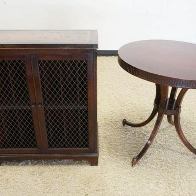 1267	LOT  INCLUDING MAHOGANY DRUM TABLE AND LEATHER TOP RECORD CABINET WITH WIRE MESH DOORS
