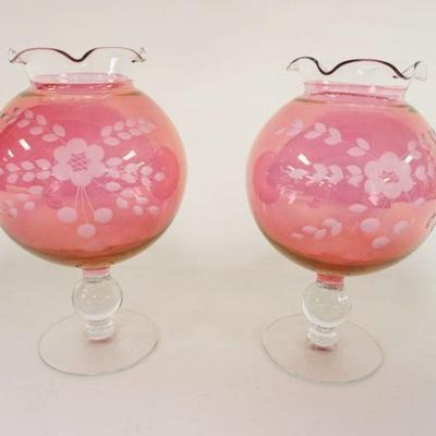 1086	PAIR OF CRANBERRY WHEEL CUT FOOTED VASES, APPROXIMATELY 8 IN HIGH
