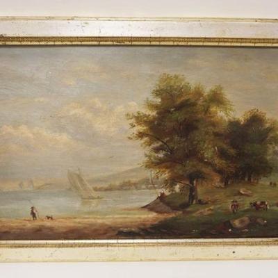 1102	ANTIQUE OIL PAINTING SHORE SCENE, APPROXIMATELY 15 IN X 22 IN OVERALL
