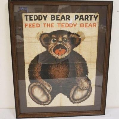 1112	ANTIQUE FRAMED LINEN W/BEAR PRINTED ALONG W/TEDDY BEAR PARTY, CHILDS GAME OR POSSIBLY POLITICAL FOR TEDDY ROOSEVELT, APPROXIMATELY...