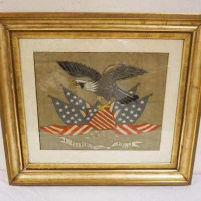 1109	LARGE FRAMED ANTIQUE EMBROIDERY AMERICAN EAGLE OVER SHEILD & FLAG, E PURIBUS UNUM, APPROXIMATELY 32 IN X 35 IN OVERALL
