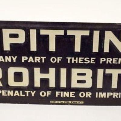 1046	ANTIQUE TIN SIGN *SPITTING PROHIBITED* BY ALLEN VAN DYKE, ROOKLYN NY, APPROXIMATELY 3 1/2 IN X 10 IN
