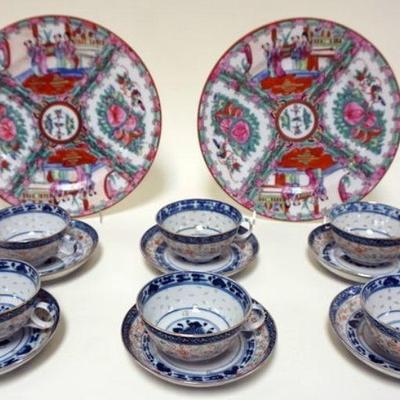 1005	ASIAN CHINA LOT INCLUDING 6 RICE EYE CUPS W/SAUCERS & 2 ROSE MEDALION 10 1/4 IN PLATES
