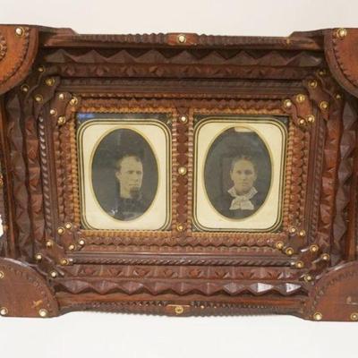 1105	ANTIQUE TRAMP ART SHADOW BOX FRAME W/2 ANCESTOR PHOTOS, ACCENTED W/PORCELAIN & BRASS BUTTONS, APPROXIMATELY 4 IN X 27 IN X 20 IN HIGH
