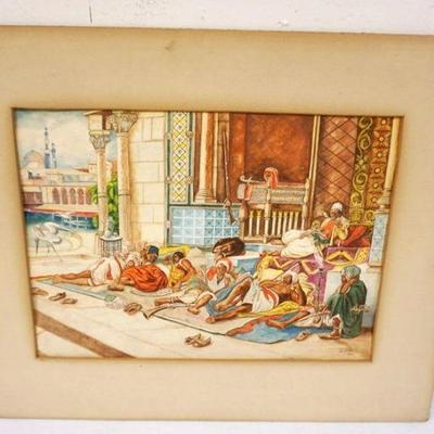 1188	ANTIQUE WATERCOLOR, PERSIAN LOUNGE SCNE, J.E. HAHN 1934, APPROXIMATELY 20 IN X 18 IN OVERALL
