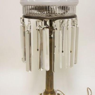 1101	ASTRAL STYLE LAMP W/FUTED BRONZE COLUMN & MARBLE BASE, SOME PRISMS MISSING, APPROXIMATELY 30 IN HIGH
