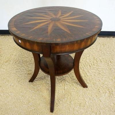 1272	MAHOGANY ROUND LAMP TABLE WITH INLAID STAR PATTERN, VENEER LIFTING ON TOP, APPROXIMATELY 28 IN X 30 IN H
