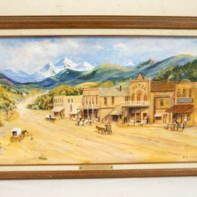1216	OIL PAINTING ON BOARD TITLED *WESTERN TOWN* PANORAMIC VIEW OF A TOWN WITH COWBOYS AND HORSE DRAWN WAGONS AGAINST A MOUNTAIN...
