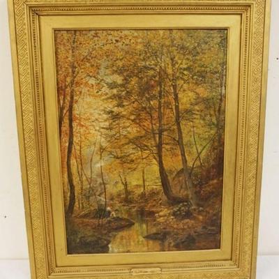 1111	ANTIQUE OIL PAINTING JAMES CRAWFORD THOM (1835-1898) OF 2 CHILDREN ALONG A WOODED STREAM, ONE FISHING, SIGNED AND DATED LOWER RIGHT,...
