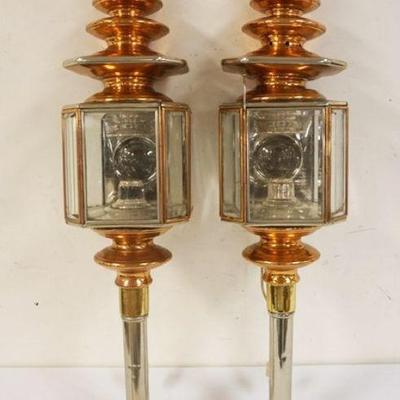 1108	PAIR OF LARGE ANTIQUE BRASS, COPPER, & NICKEL CARRIAGE LAMPS, EACH MEASURING APPROXIMATELY 36 IN HIGH, ONE GLASS PANEL CRACKED &...