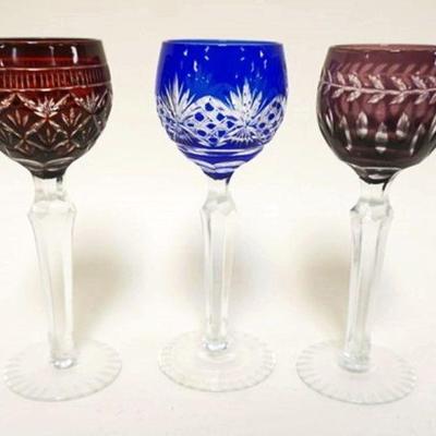 1019	LOT OF 3 ASSORTED COLORED CUT TO CLEAR WINE GLASSES, APPROXIMATELY 6 IN HIGH
