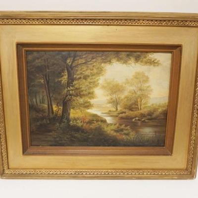 1099	ANTIQUE OIL PAINTING ON BOARD LANDSCAPE WOODED SCENE W/STREAM, APPROXIMATELY 24 IN X 32 IN OVERALL
