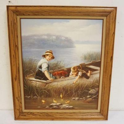 1119	OIL PAINTING ON CANVAS SIGNED BILL HOPEMAN, CHIDREN IN BOAT PLAYING W/DUCKS, APPROXIMATELY 25 IN X 29 IN OVERALL
