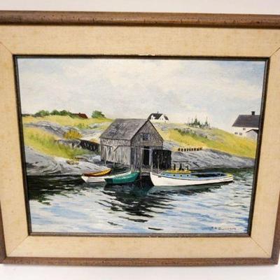 1052	OIL PAINTING ON BOARD *BLUE ROCKS INLET* NOVA SCOTIA SIGNED BY RUTH G BOUTILLETTE, APPROXIMATELY 23 IN X 19 IN OVERALL

