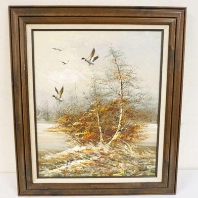 1215	OIL PAINTING ON CANVAS, WOODED AUTUMN SCENE WITH DUCKS IN FLIGHT, SIGNED IN LOWER RIGHT, APPROXIMATELY 27 IN X 31 IN
