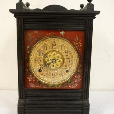 1184	ANTIQUE VICTORIAN BLACK LACQUERED SHELF CLOCK, PAINT DECORATED, APPROXIMATELY 8 1/4 IN X 15 IN HIGH
