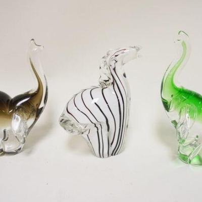 1127	LOT OF 3 MURANO STYLE GLASS ELEPHANTS & ZEBRA, LARGEST IS APPROXIMATELY 9 IN HIGH
