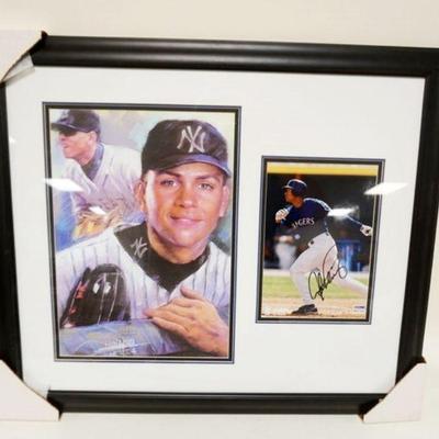 1202	ALEX RODRIGUEZ SIGNED PHOTO & ARTWORK FRAMED TEXAS RANGERS & YANKEES, APPROXIMATELY 23 IN X 27 IN, NO COA
