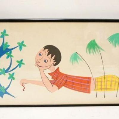 1201	MIDCENTURY MODERN WATERCOLOR SIGNED JUDY TARGEN 1955, BOY FEEDING BABY BIRDS W/WORM, APPROXIMATELY 10 IN X 24 IN OVERALL
