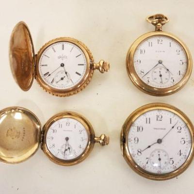 1080	LOT OF 4 WALTMAN & ELGIN POCKET WATCHES IN GOLD FILLED CASES,  AS FOUND
