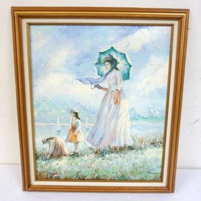 1213	CONTEMPORARY OIL PAINTING ON CANVAS MOTHER W/2 CHILDREN ALONG SHORE SIGNED ROLAND, APPROXIMATELY 25 IN X 29 IN
