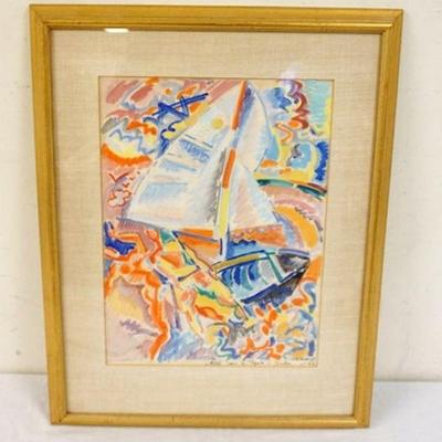 1209	MIDCENTURY MODERN WATERCOLOR IMPRESSIONIST SAILING SIGNED & DATED, APPROXIMATELY 19 IN X 24 IN OVERALL
