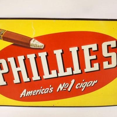 1044	ANTIQUE TIN PHILLIES CIGAR STORE SIGN BY DONALDSON ART SIGN CO, APPROXIMATELY 13 IN X 20 1/4 IN
