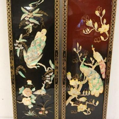 1210	2 ASIAN BLACK LACQUERED PANELS W/3 DIMENSIONAL APPLIED MOTHER OF PEARL PEACOCK ON TREE LEAVES & FLOWER DESIGN, APPROXIMATELY 12 IN X...