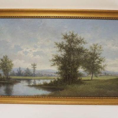 1097	OIL PAINTING ON BOARD LANDSCAPE FIELD W/STREAM, APPROXIMATELY 29 IN X 19 IN OVERALL
