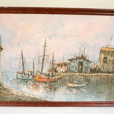 1211	CONTEMPORARY OIL PAINTING ON CANVAS, HARBOR SCENE, APPROXIMATELY 29 IN X 41 IN SIGNED JONES
