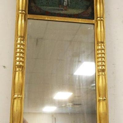 1106	ANTIQUE MIRROR IN GILT FEDERAL FRAME W/REVERSE PAINTED GLASS INSET TOP, SOME PAINT LOSS, APPROXIMATELY 19 1/4 IN X 41 1/2 IN
