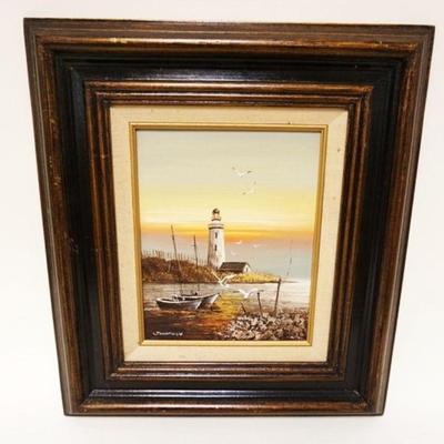 1051	OIL PAINTING ON BOARD OF LIGHTHOUSE SIGNED JONATHAN, APPROXIMATELY 16 IN X 18 IN OVERALL
