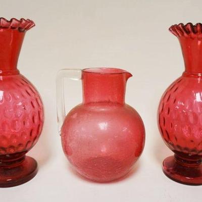 1041	CRANBERRY GLASS LOT, 2 MATCHING 10 1/2 IN HIGH VASES & PITCHER
