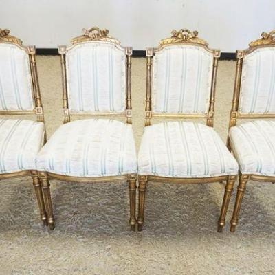 1240	LOT OF 4 UPHOLSTERED SIDE CHAIRS IN GILT WOOD FINISH, CHAIRS LOOSE AND UPHOLSTRY WORN
