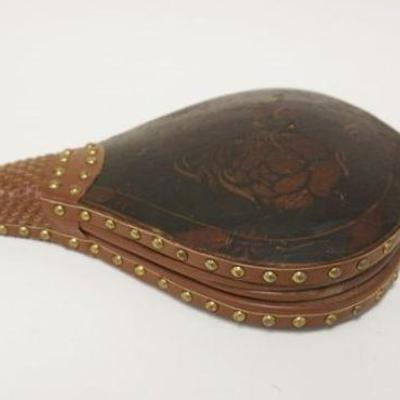 1084	ANTIQUE PAINT DECORATED WOOD BELLOWS W/LEATHER & BRASS TACKING, APPROXIMATELY 19 IN  LONG
