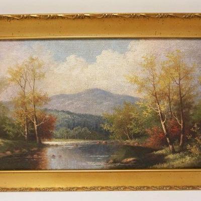 1103	ANTIQUE OIL PAINTING LANDSCAPE WOODED W/STREAM & MOUNTAIN IN BACKGROUND, APPROXIMATELY 13 IN X 21 IN
