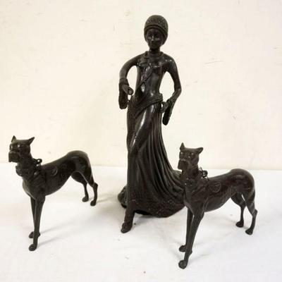 1191	CONTEMPORARY CAST METAL FIGURE OF ART DECO STYLE WOMAN WALKING 2 DOGS, APPROXIMATELY 18 IN HIGH
